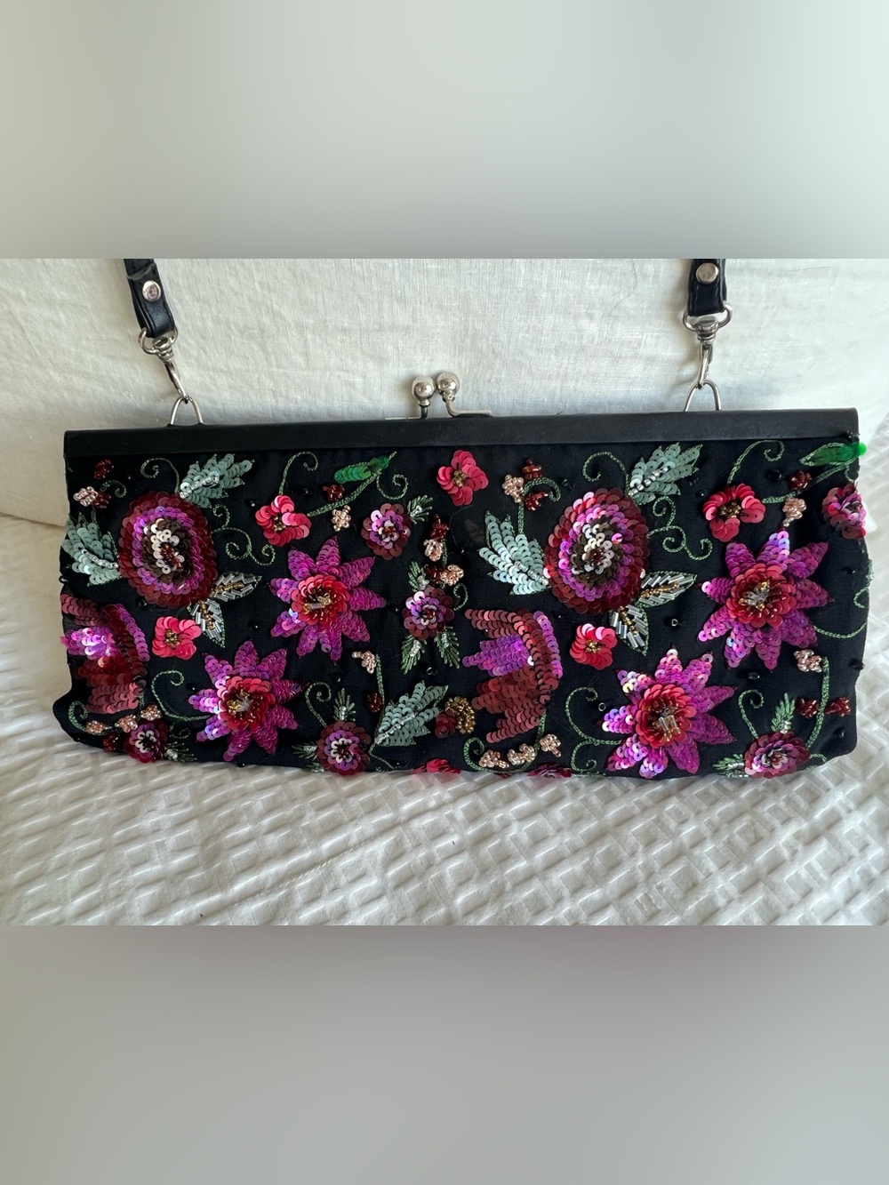 Embellished Black Sequin Floral Clutch
